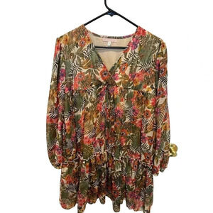 Une ame Women's Multicolor Floral Long Sleeve Ruffle Top Size Large